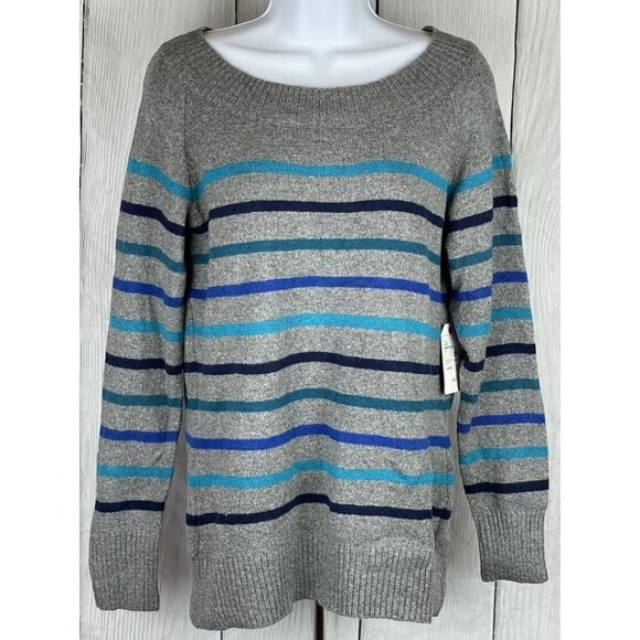 NWT St. John's Bay Womens Large LS Sweater Gray Blue Turquoise Stripes V-Nec - Picture 1 of 7